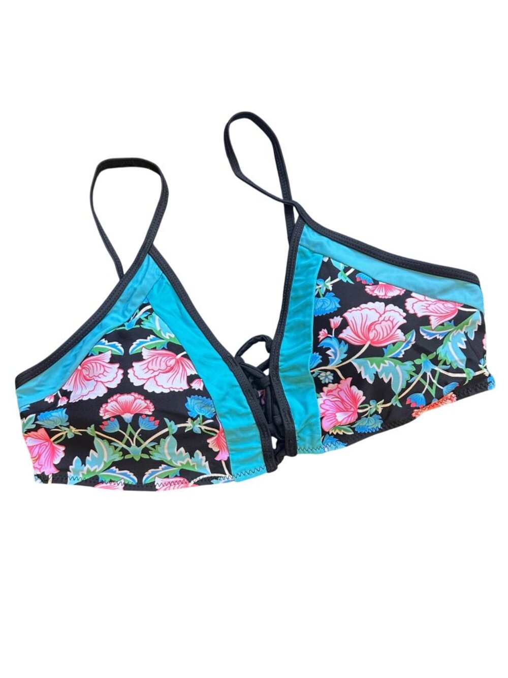 Nanette Lepore Vixen Damask Floral Bikini Top Lace-Up Front Womens L